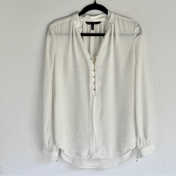 White House Black Market Cream Long Sleeve Blouse with Mandarin Collar - Picture 7 of 8